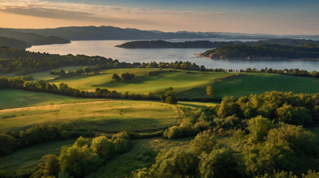 Aerial view of a beautiful green meadow and a lake at sunsetの写真素材