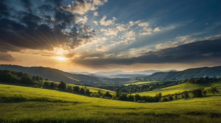 Sunset over a green field in the Ukrainian Carpathian Mountains