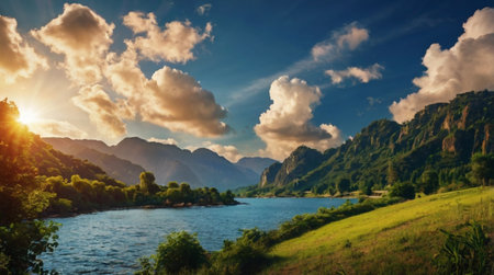 Beautiful summer landscape with river and mountains. Dramatic sky.