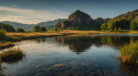 Panoramic view of a mountain lake with reflections in the water