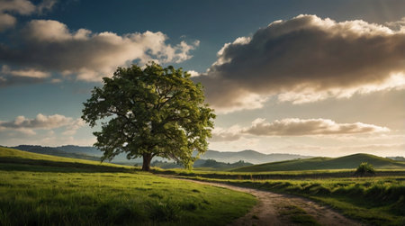 Lonely tree on the meadow in Tuscany, Italyの写真素材