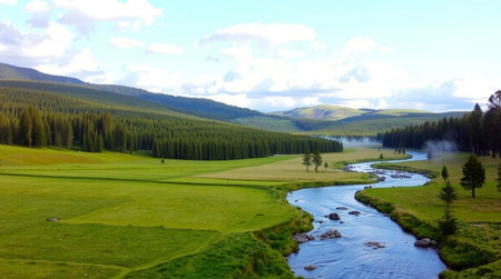 Panoramic view of the mountain river in the Altai Republicの写真素材