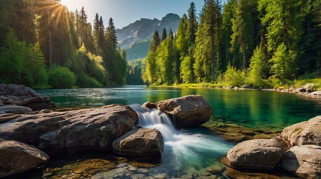 Beautiful alpine landscape with mountain river and high mountains in background