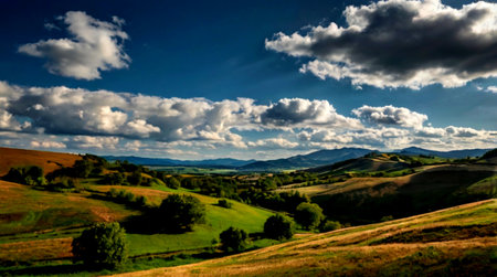 Tuscany landscape with green fields and blue sky with white clouds