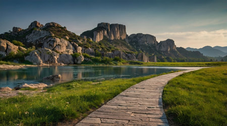 Landscape with lake and rocks in Crimea, Ukraine, Europe.