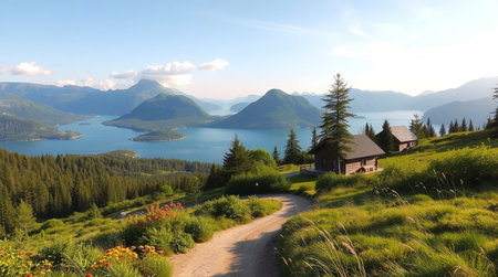Panoramic view of a lake in a national parkの写真素材