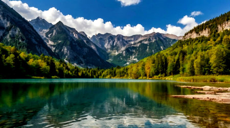 panoramic view of alpine lake with reflection of mountains in water
