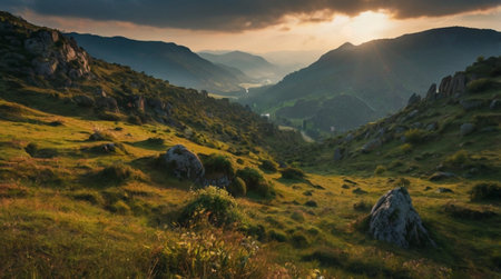 Panoramic view of the mountains at sunset. Beautiful summer landscape.
