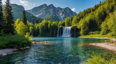 Panoramic view of a waterfall in the Austrian Alps on a sunny day
