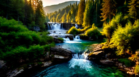 Waterfall in the mountains. Panorama of a beautiful mountain river.の写真素材
