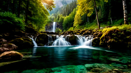 Panoramic view of the beautiful waterfall in the mountains in summer