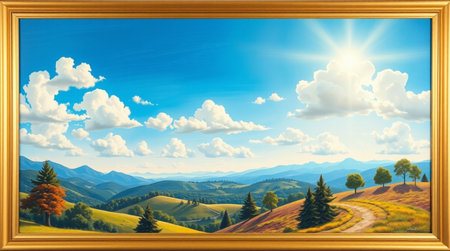 Wooden frame with landscape painting in italian countryside. Nature background