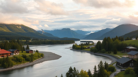 Panoramic view of a mountain lake in the highlands