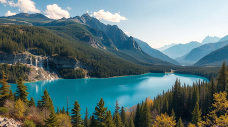 Panoramic view of beautiful turquoise lake in Canadian Rockies