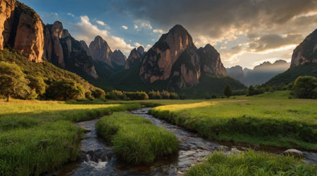Panoramic view of a small river flowing through the meadow at sunset