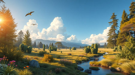 Beautiful landscape with lake, mountains and sky. 3d renderingの写真素材
