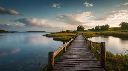 Wooden pier on a lake at sunset. Beautiful summer landscape.の写真素材