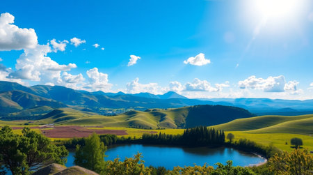 Landscape of countryside with lake and blue sky.の写真素材