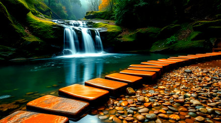 Beautiful waterfall in autumn forest with wooden stairs and colorful stones.の写真素材