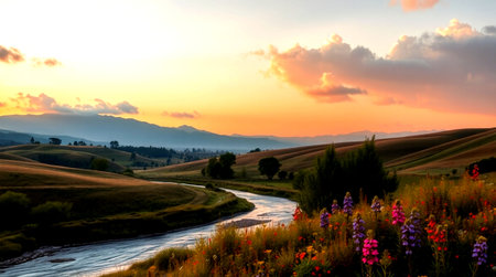 sunset in Tuscany, Italy. Landscape with a riverの写真素材