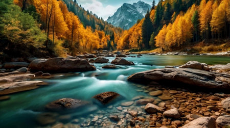 Mountain river in autumn. Beautiful mountain landscape with a mountain river.