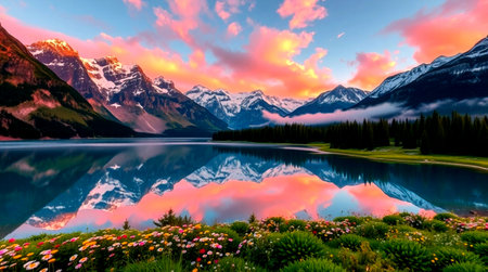 Mountain lake at sunset, Canadian Rockies, Alberta, Canada.の写真素材