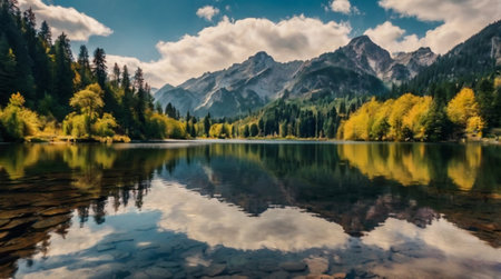 Reflection of mountains and clouds in the lake. Beautiful autumn landscape.の写真素材