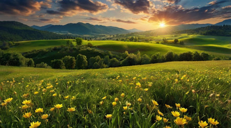 Beautiful spring landscape in the mountains at sunset. Nature background.