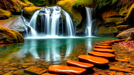 Beautiful waterfall in the forest with wooden stairs in the foreground.の写真素材