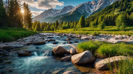 Panoramic view of a mountain river in the Dolomites, Italyの写真素材