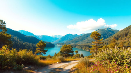 Mountain landscape with lake and forest. Panoramic view.