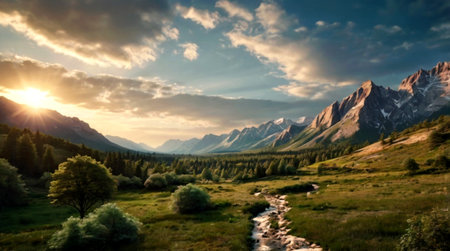 Sunset in the Dolomites, Italy. Panoramic image