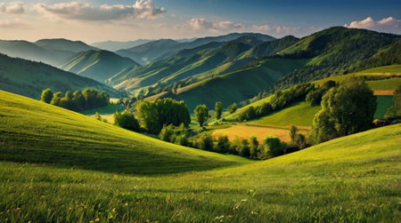 Beautiful summer landscape with green meadows and hills in the mountains