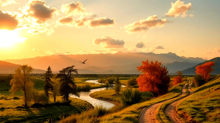 Autumn landscape with sunset over the river and mountains in the backgroundの写真素材