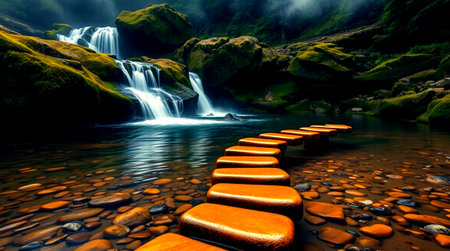Wooden path to the waterfall in the mountains. Beautiful landscape.