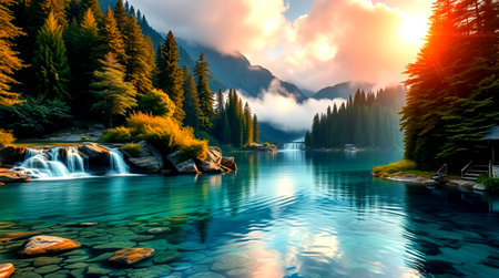 Mountain lake at sunset. Beautiful natural landscape. Nature composition.