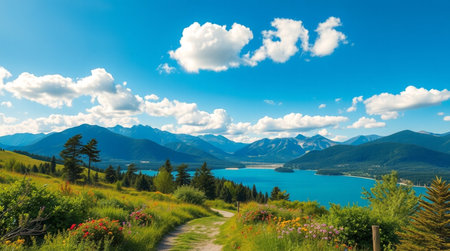 Idyllic summer landscape with lake and mountains in the background.の写真素材