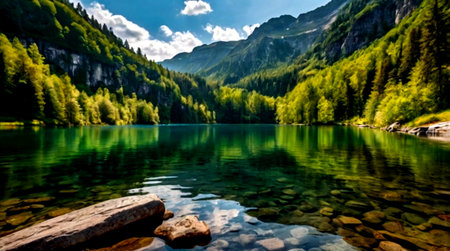 Beautiful alpine lake with clear water and mountains in the background