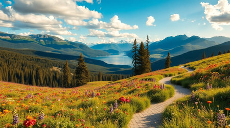 Beautiful alpine meadow with blooming poppies and mountain lake.