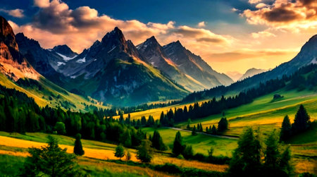 panoramic view of the Alps at sunset, Switzerlandの写真素材