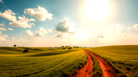 Beautiful rural landscape with a dirt road in the field at sunset