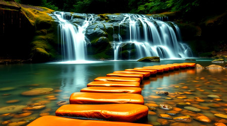 Waterfall in the forest at nightの写真素材