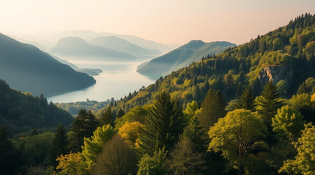 Panoramic view of the lake in the mountains at sunset.の写真素材