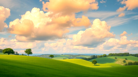 Landscape with green fields, blue sky and white clouds. Nature composition.