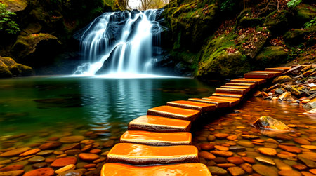Beautiful waterfall in the forest with wooden stairs. Long exposure.