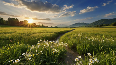 Sunset in the field with daisies and grass.の写真素材