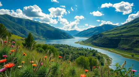 Panoramic view of the lake in the mountains on a sunny dayの写真素材