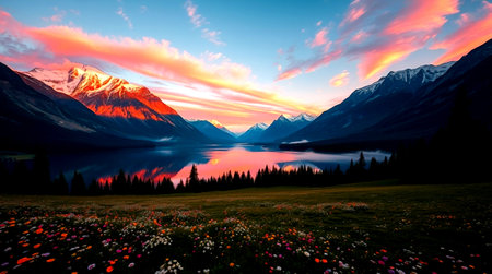 Beautiful sunrise over a lake with mountains in the backgroundの写真素材