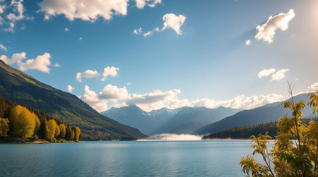 Mountain lake with blue sky and white clouds. Landscape.