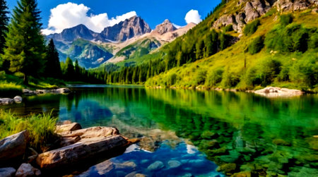 Panoramic view of the mountain lake in the Dolomites